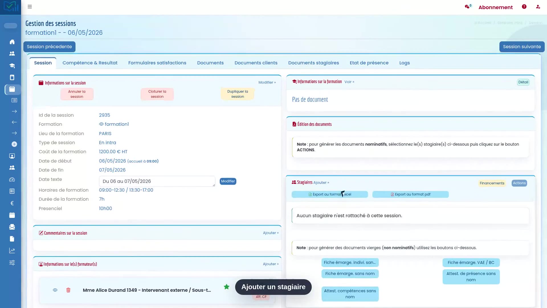 Ajout d’un stagiaire à une session dans Formadmin