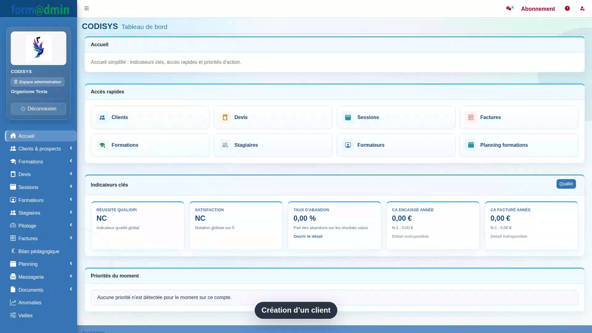Création d'un client ou prospect entreprise dans Formadmin avec récupération SIRET.