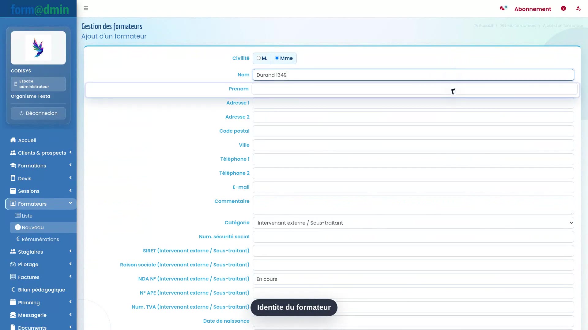 Création d’une fiche formateur dans Formadmin