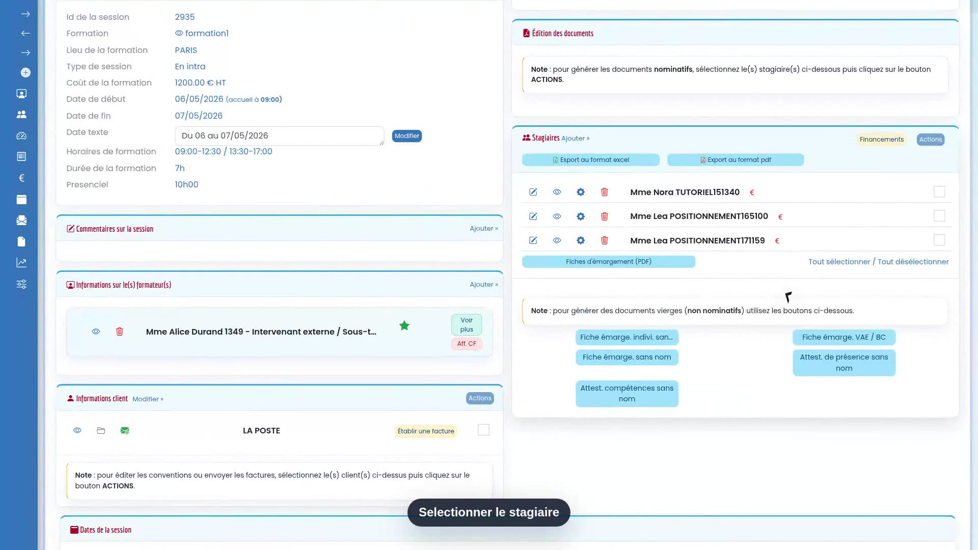 Envoi d'un formulaire de positionnement par e-mail dans Formadmin.