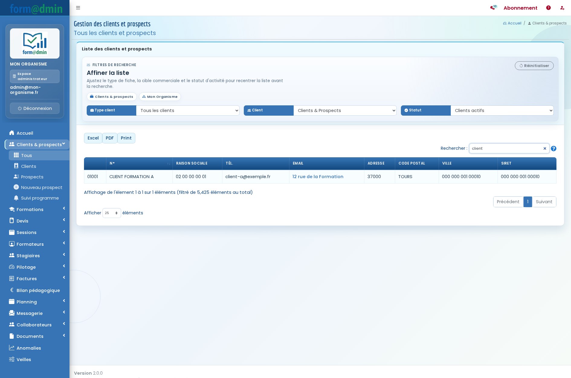 Recherche clients Formadmin