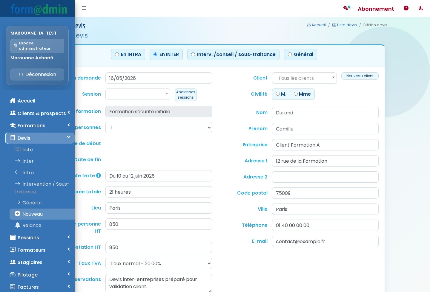 Interface Formadmin de création d'un devis de formation inter