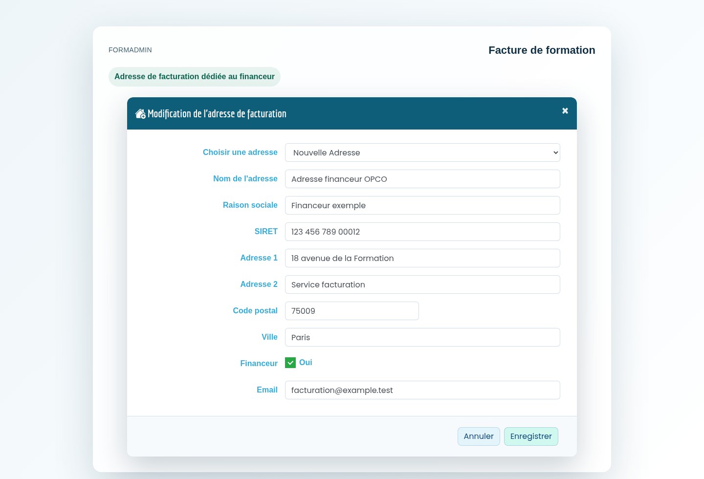Modale de modification de l'adresse de facturation dans une facture Formadmin