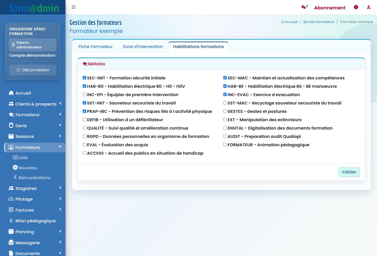 Interface Formadmin de gestion des habilitations formation d'un formateur