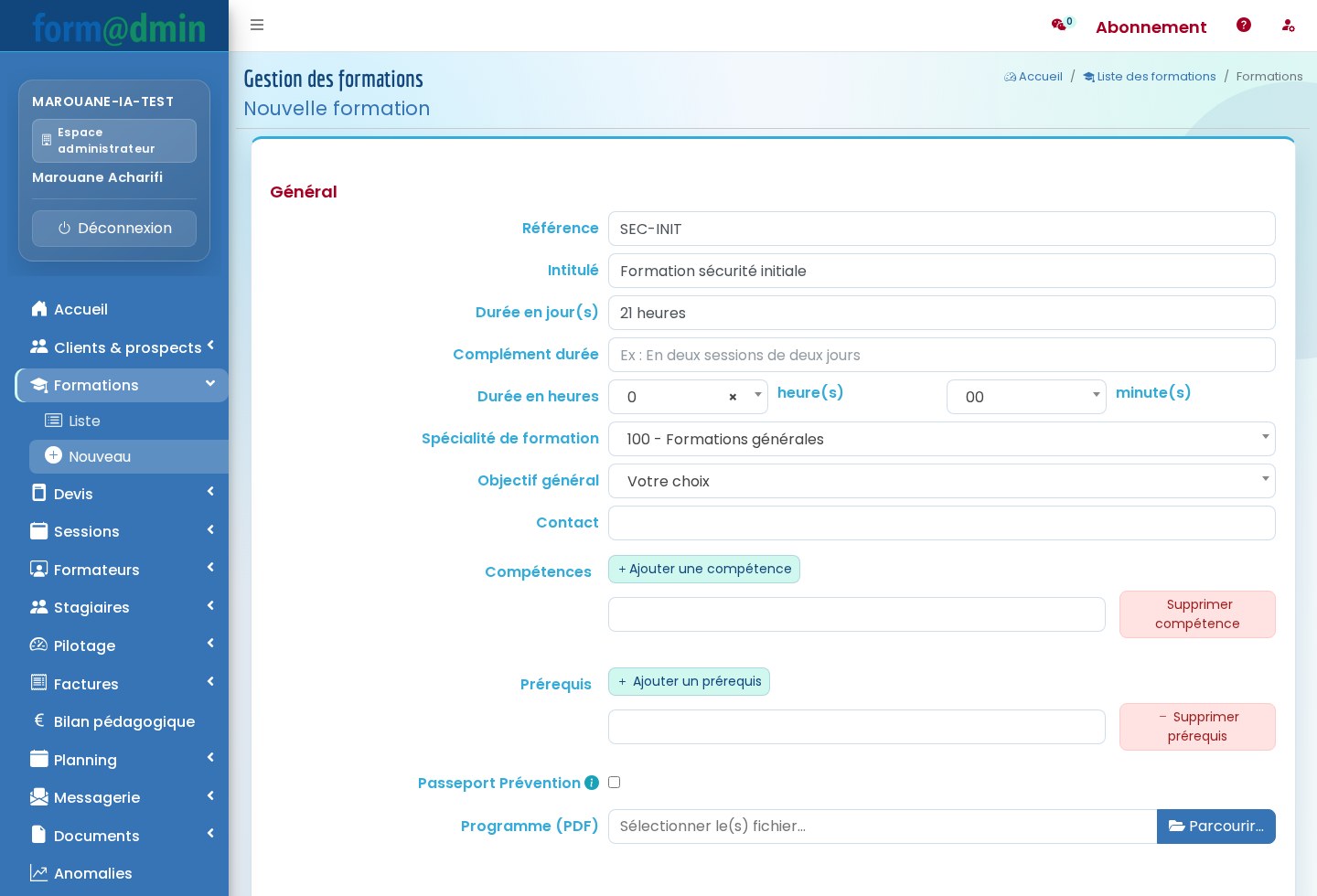 Interface Formadmin de création et suivi d’une formation