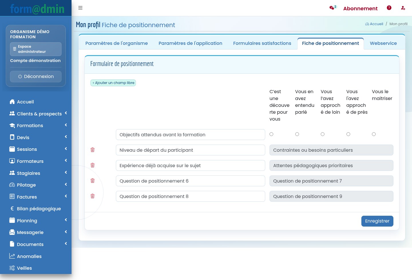 Onglet fiche de positionnement dans le profil organisme Formadmin