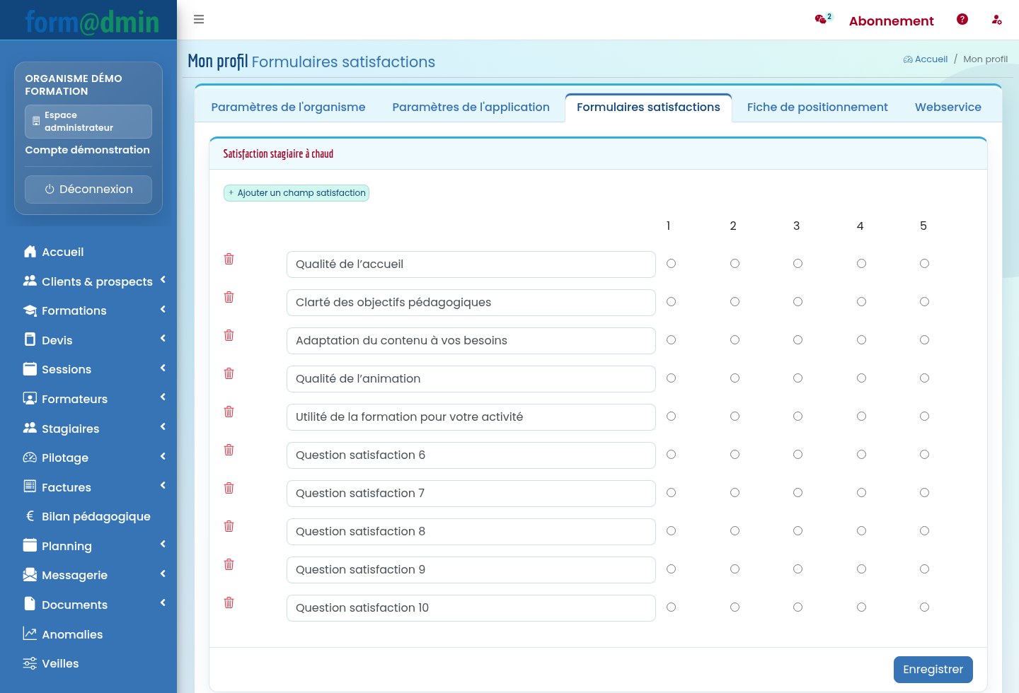 Onglet formulaires satisfactions dans le profil Formadmin