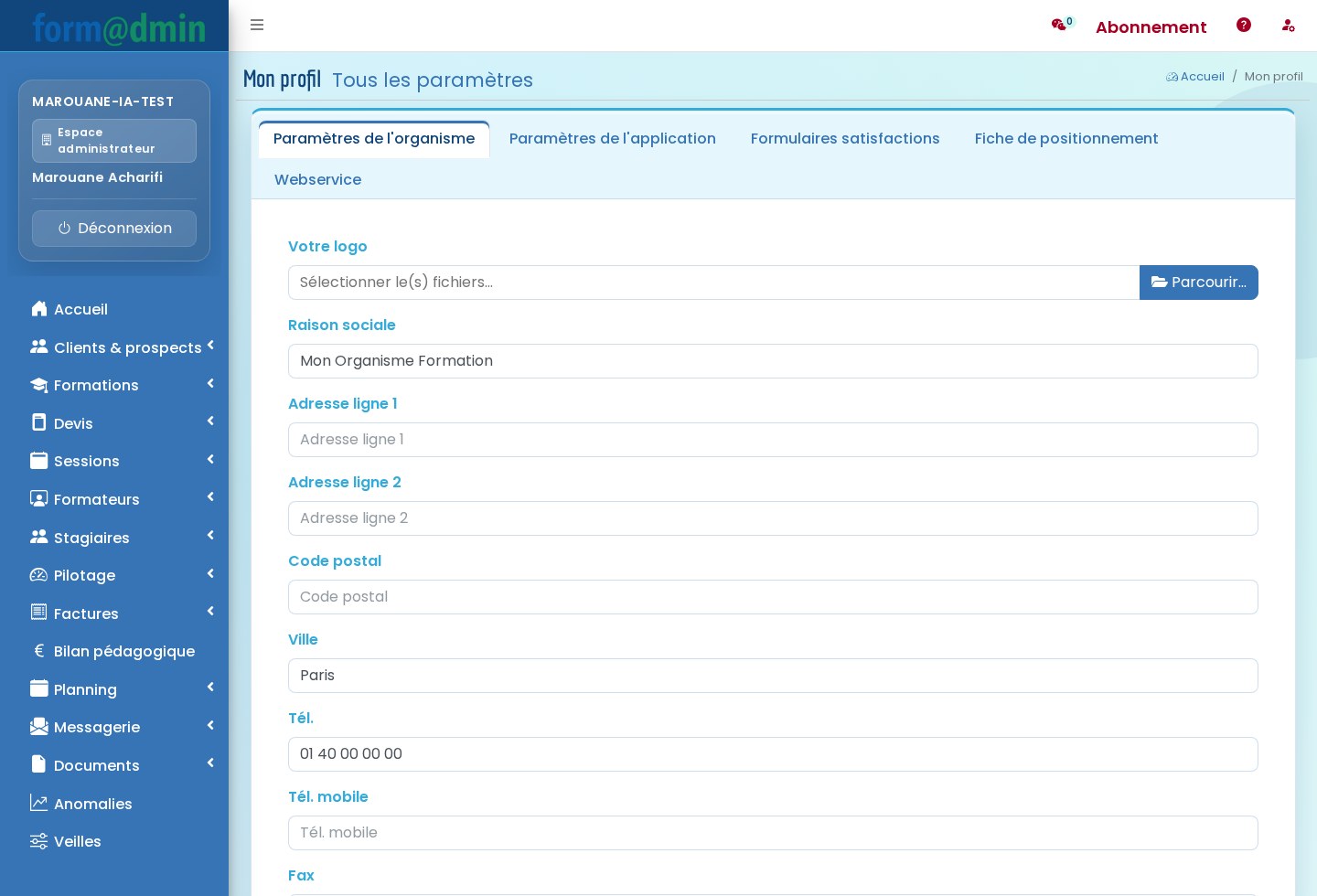 Interface Formadmin de paramétrage du profil organisme