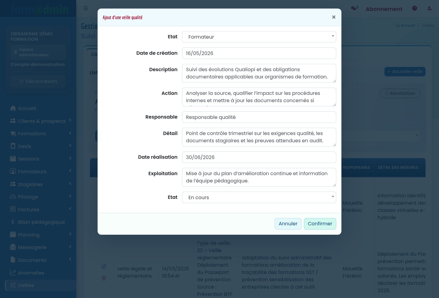 Modale de veille qualité préremplie dans Formadmin