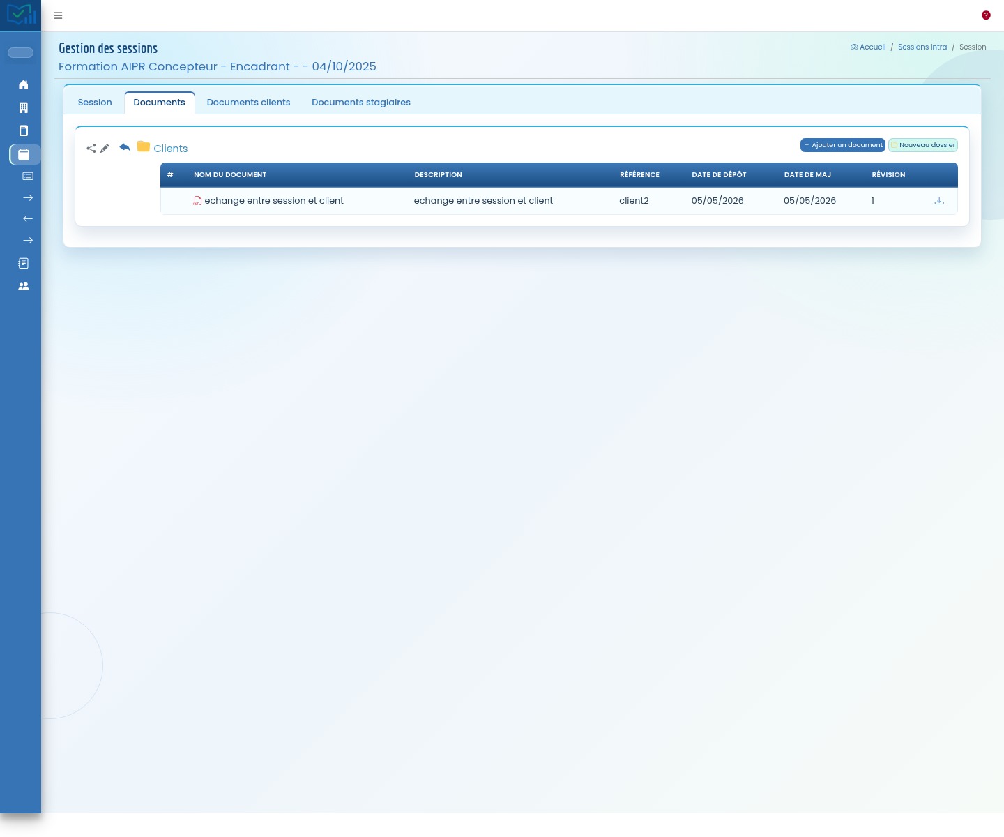 Documents de session espace client Formadmin