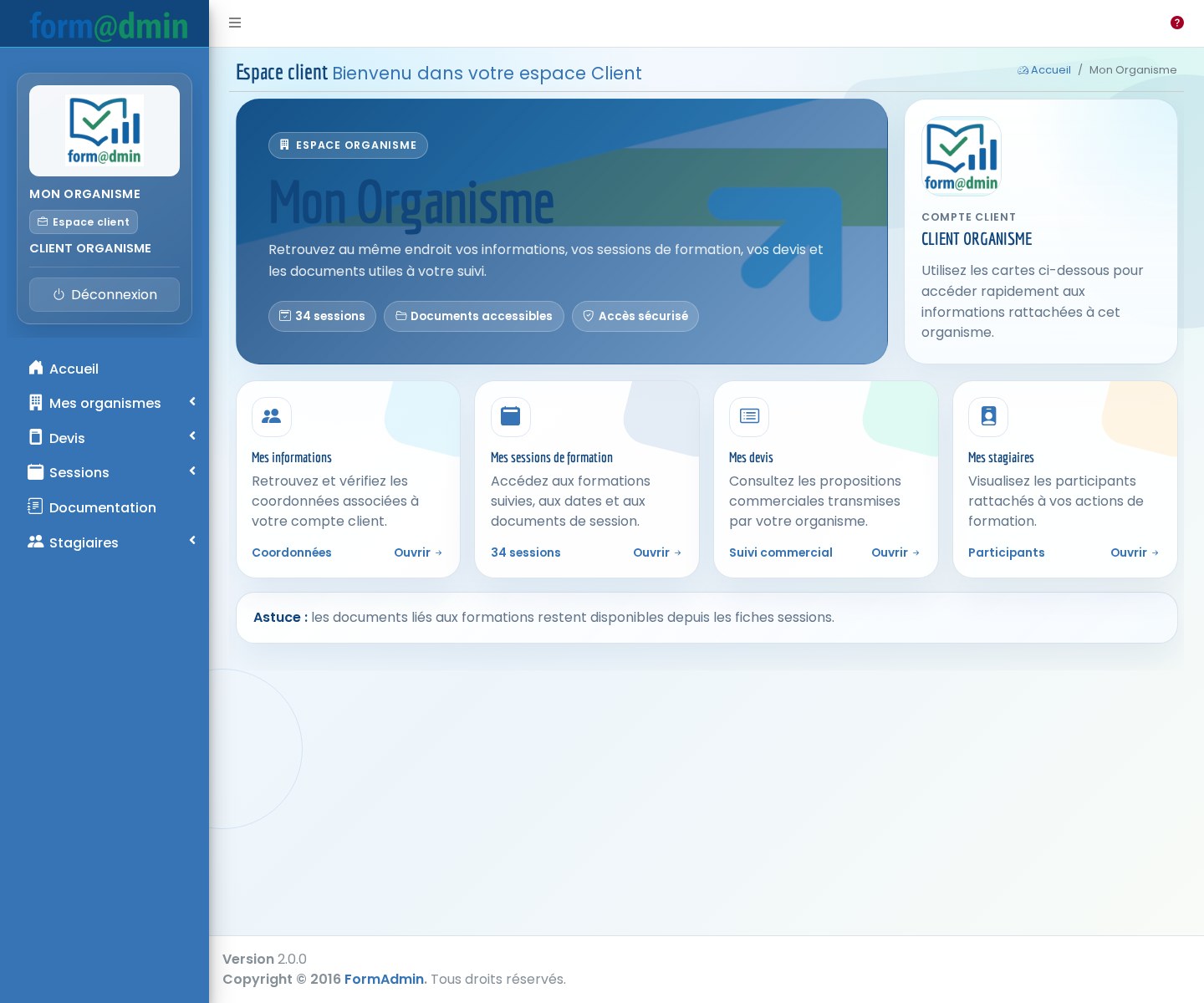 Organisme espace client Formadmin