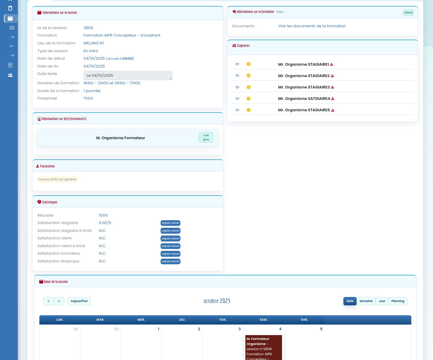Session et planning espace client Formadmin