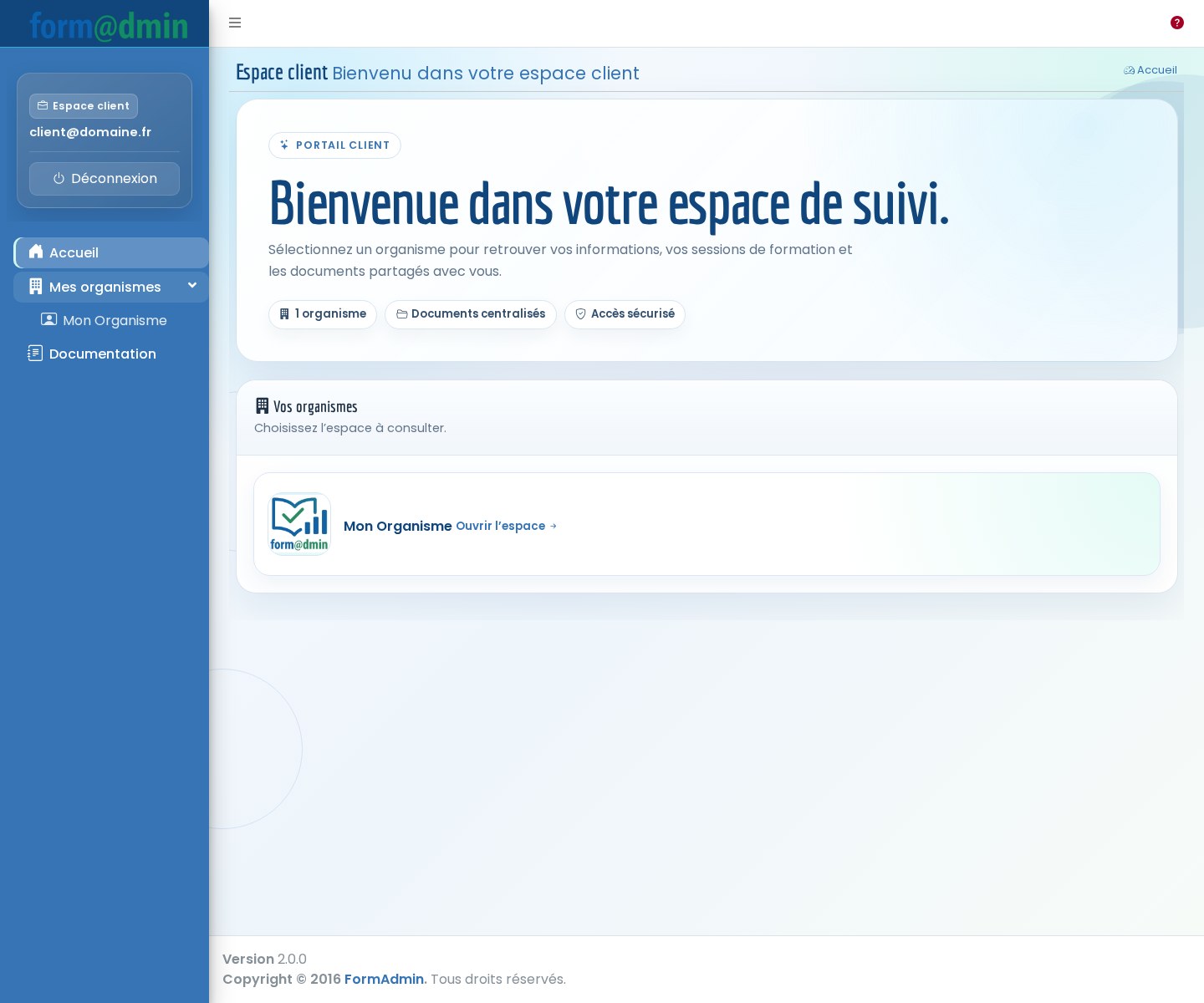 Accueil espace client Formadmin