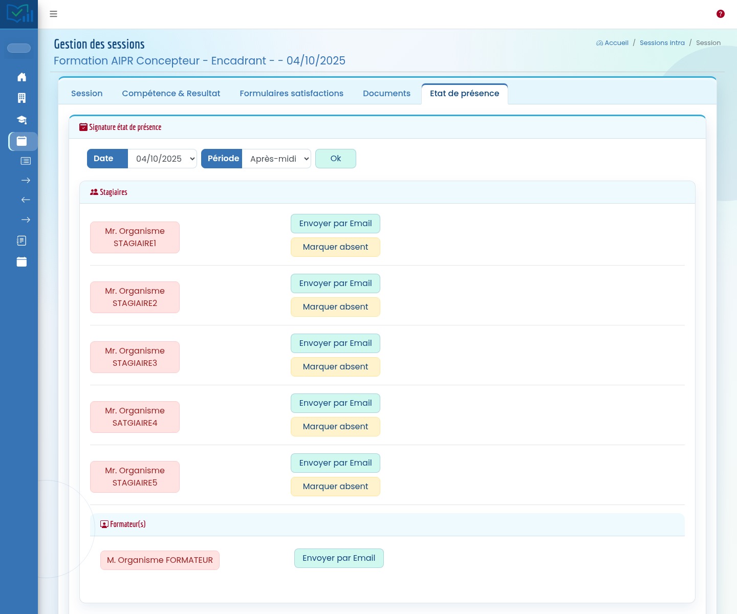 Etat de présence espace formateur Formadmin