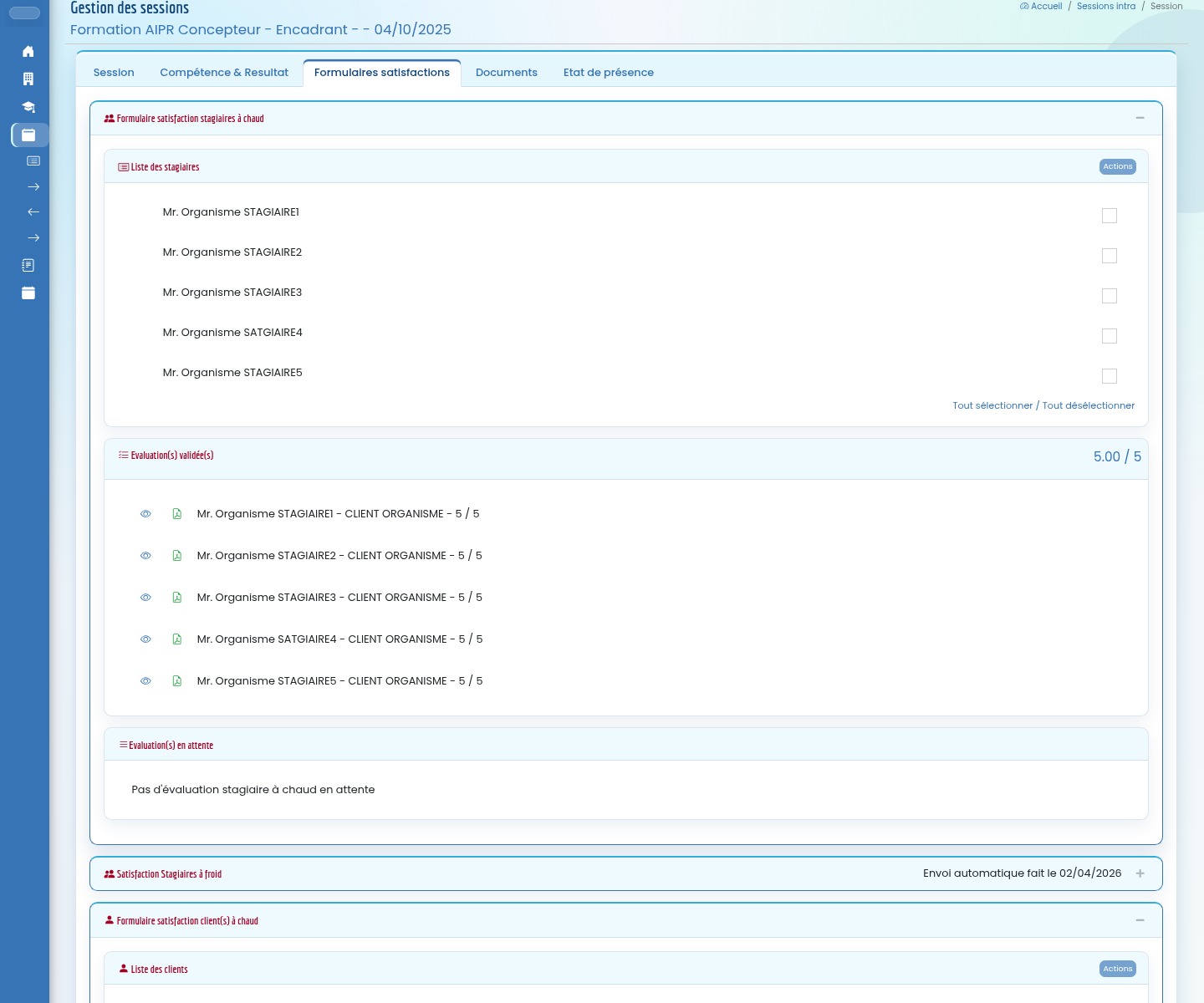 Formulaires satisfaction espace formateur Formadmin