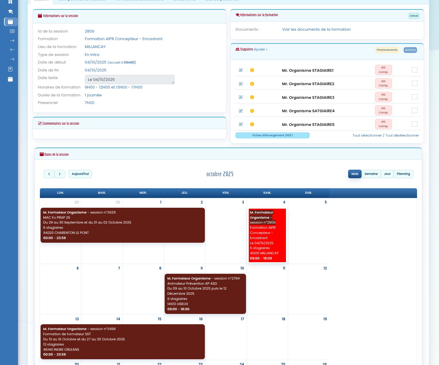 Session et planning espace formateur Formadmin