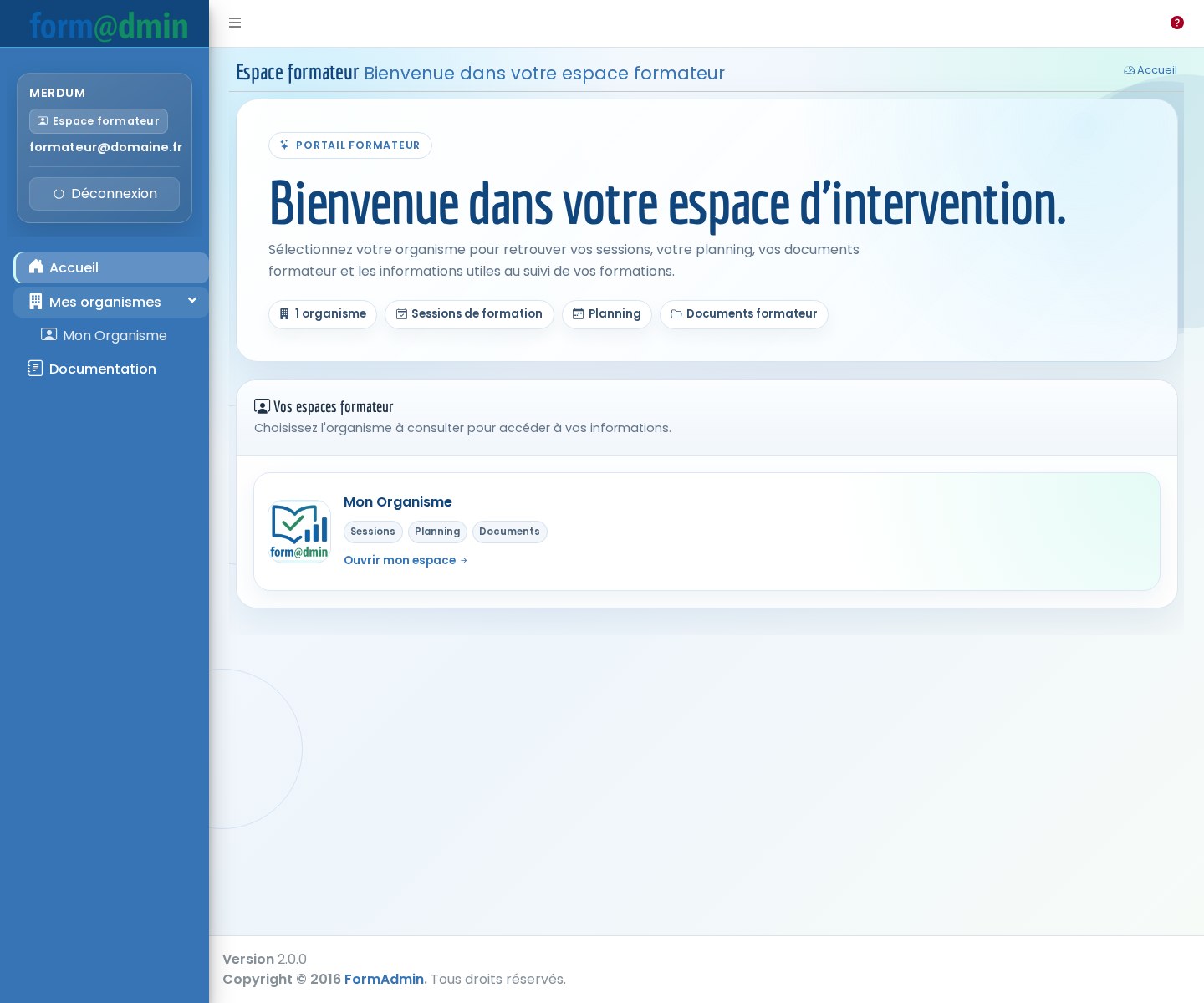 Accueil espace formateur Formadmin