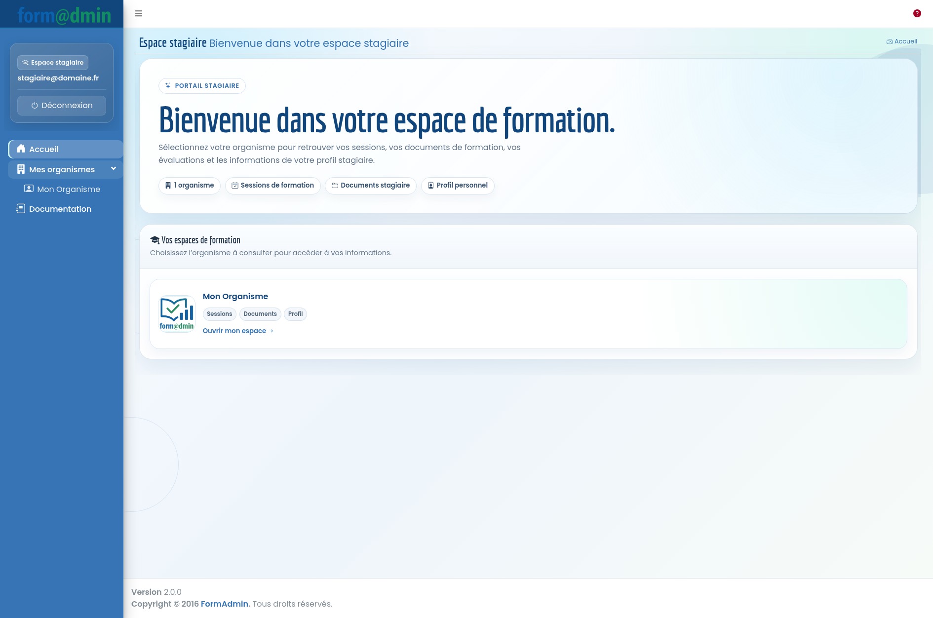 Accueil espace stagiaire Formadmin